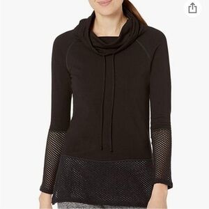 NUX Ricky Mesh Detail Long Sleeve Black Drawstring Funnel Neck Top